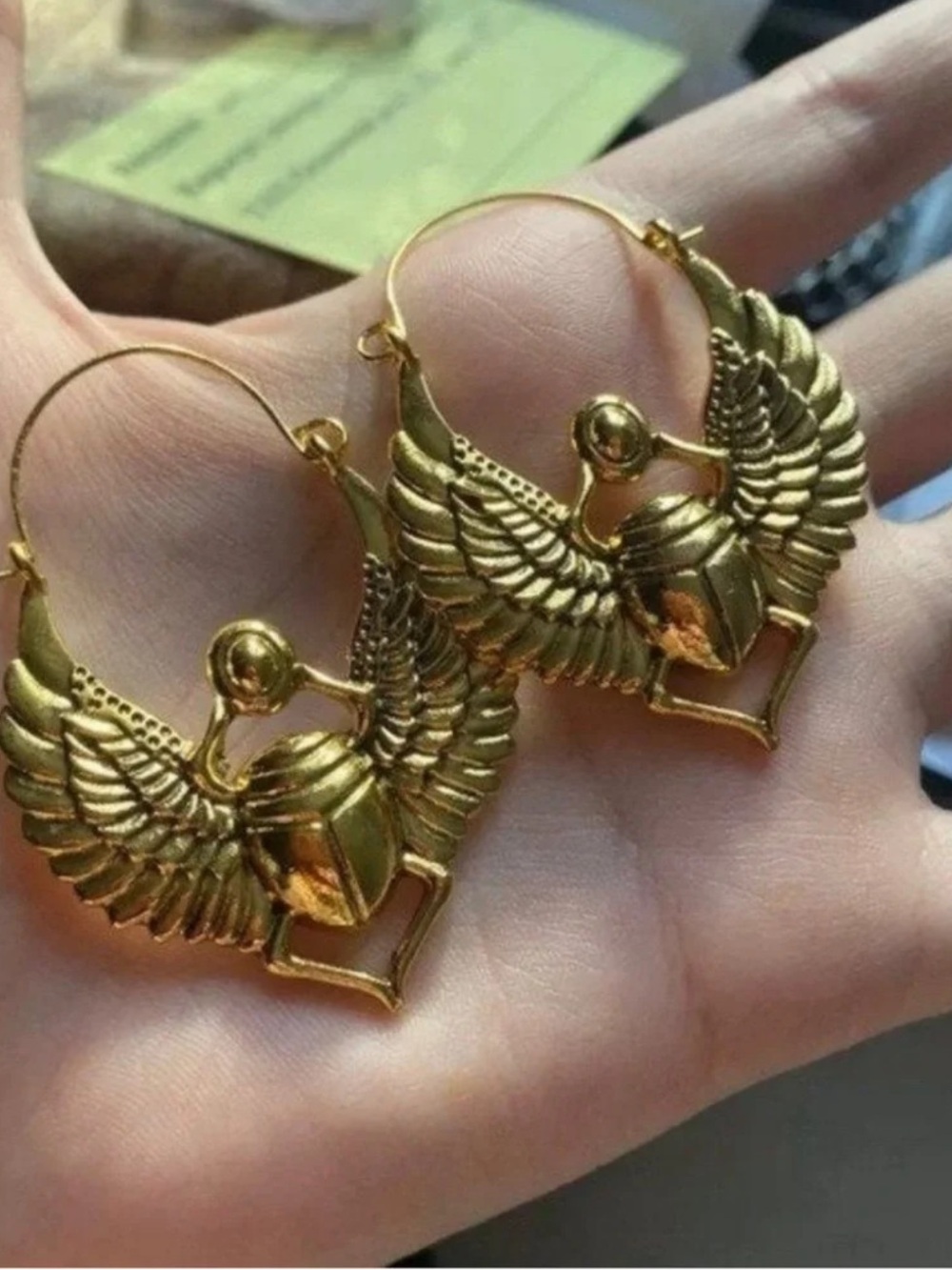Gold Winged Scarab Hoop Earrings - Picture 2 of 2